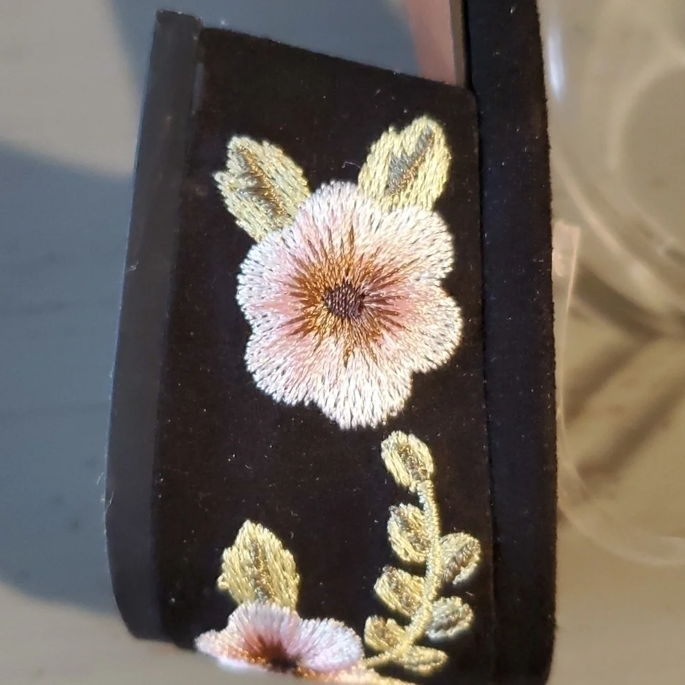 Franco Sarto-  Slides sandal Black Suede embroidered heels slip on women's 7.5